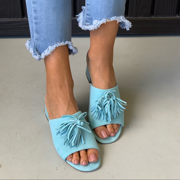 Turquoise Fringe Tassel Vamp Block Heel Mule Slide - Picture 4 of 6